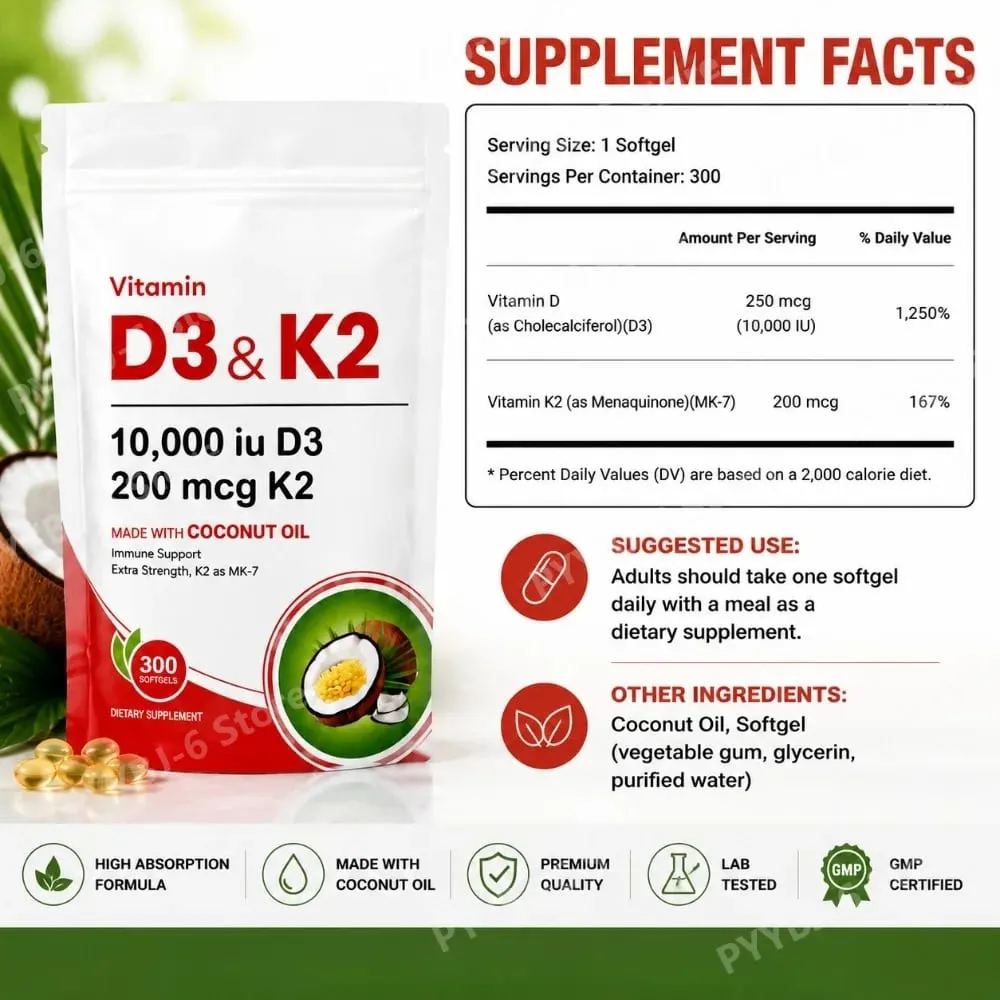 Vitamin D3 K2 Supplement 10 000 IU D3 200mcg K2 MK7 with Coconut Oil High Absorption Softgels for Bone & Immune Support 300Count