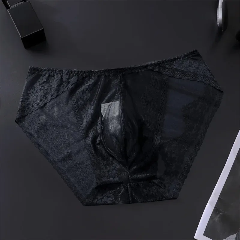 Men Ice Silk Lace Underwear 3D Convex Bag Plus Size Sexy Lingerie Calzoncillos Hombre Tangas Breathable Male Sleepwear