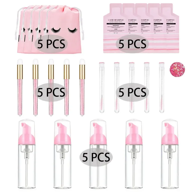 60ml Refillable Leakproof Empty Foam Pump Bottles Eyelash Extension Shampoo Kit Lash Comb Tube Cleaning Brush EVA Storage Bags