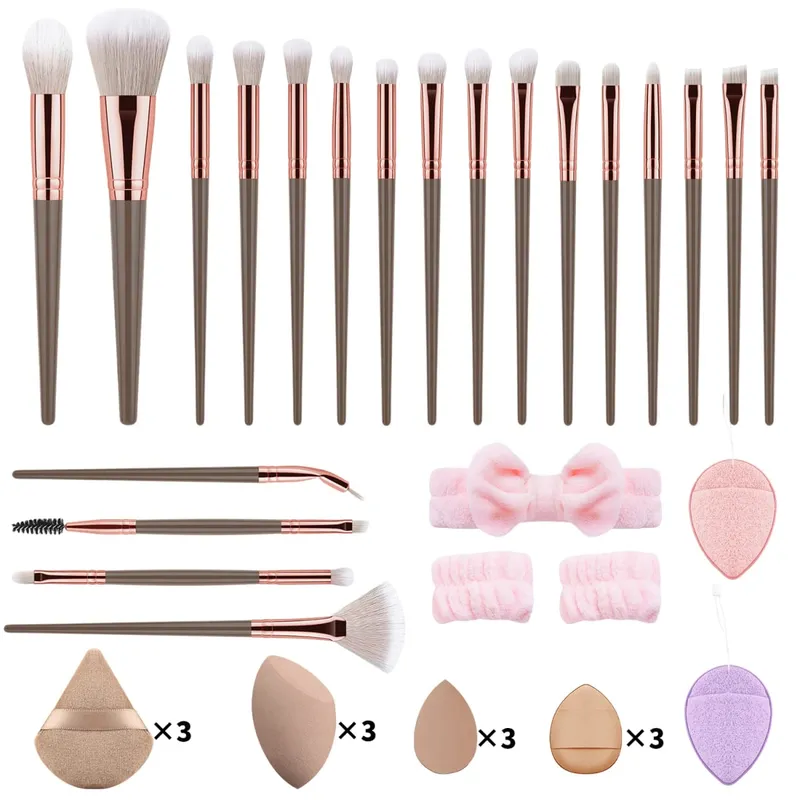 37Pcs Makeup Tool Kit 20Pcs Makeup Brushes With Hairband Wristband Powder Puff Facial Sponge