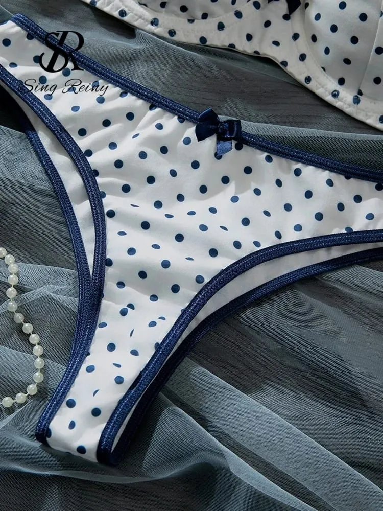 French Polka Dot Print Lingerie Sets Ladies Strap Underwire Bra+Sweet Briefs Hotsweet Vintage Underwear 2Pcs Suits