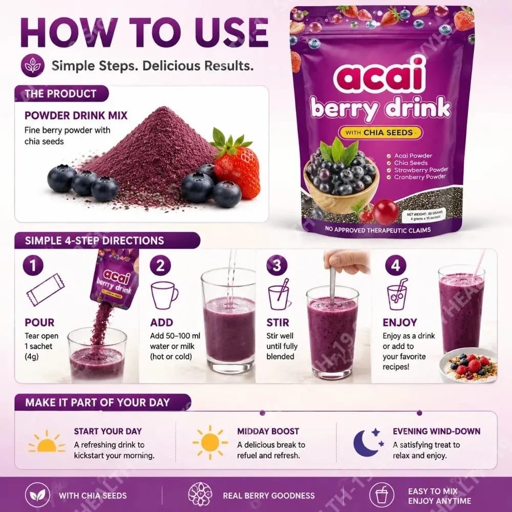 Acai Berry เครื่องดื่มผงเมล็ดเจียสตรอเบอร์รี่แครนเบอร์รี่สำหรับสารต้านอนุมูลอิสระ Daily Wellness & ระบบภูมิคุ้มกันสนับสนุนผู้ใหญ่ 40g
