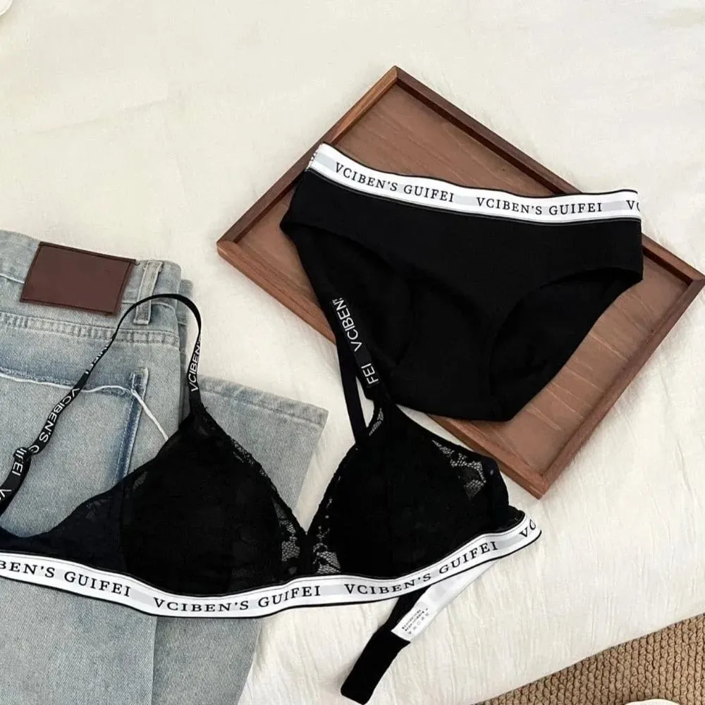 Bra Suit Letter Design Lingerie Set Deep V Wireless Women Underwear Suit Color Blocking Lace Bra Panties Set Girl