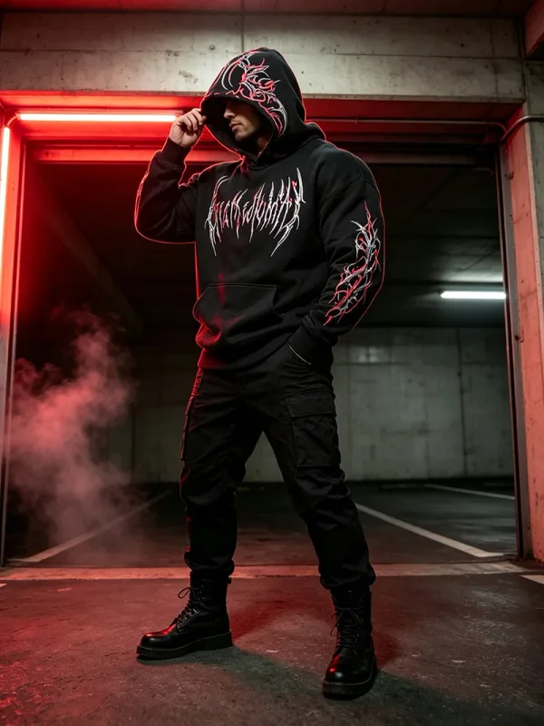 Men Alt Gothic Pullover Hoodie Y2k High Street American Style Dark Thorn Print Fleece Lined Loose Biker Fall Winter Sweatshirt
