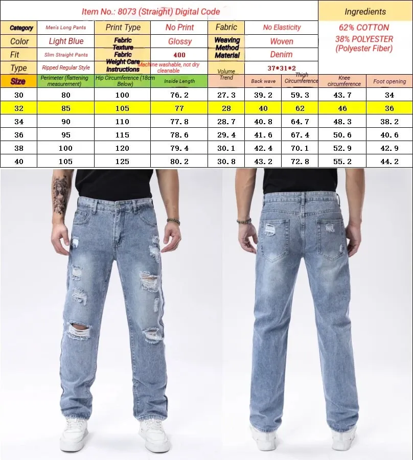 Light Blue Washed Ripped Frayed Denim Jeans For Men Non Stretch Straight Leg Loose Baggy Distressed Pants Vintage Y2K Hip Hop Da