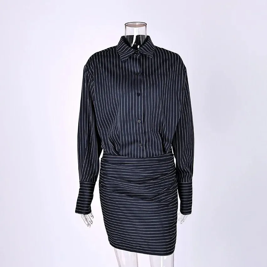 Elegant High Waist Stripe Women 2026 Shirt Dress Street Chic Long Sleeve Female Office Slim Dresses Single Breasted Dress