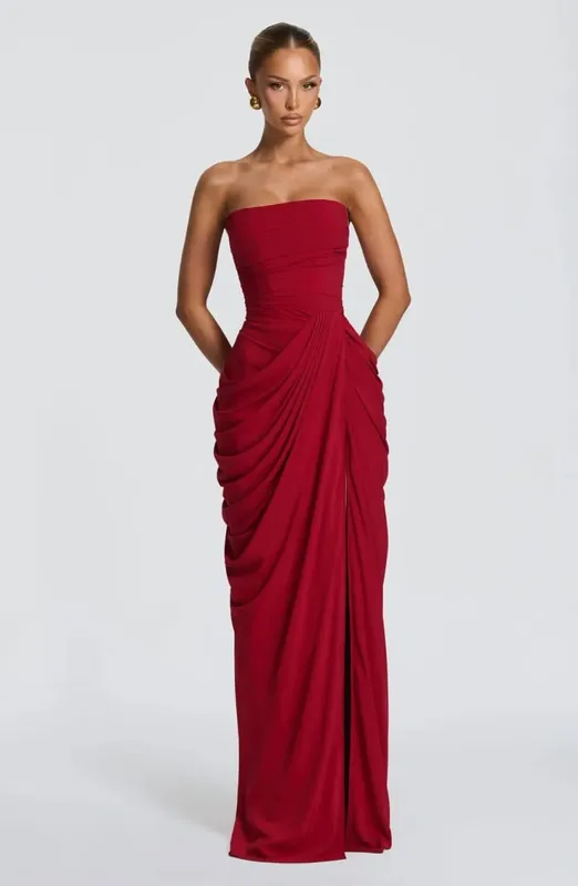 Sexy Solid Pleated Strapless Dress Lady Chic Off-shoulder Backless High Waist Split Dresses Babae 2026 Bagong Evening Party Gown