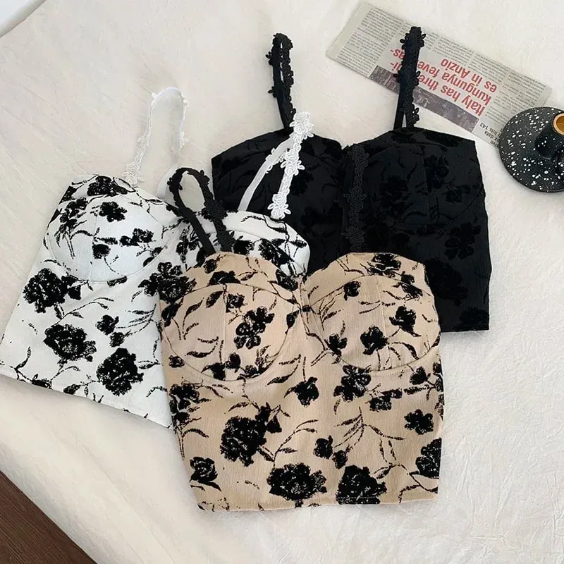 Women Sweet Elastic Camis Underwear Padded Bra Spaghetti Cute Crop Tops Print Tank Tops For Women Summer