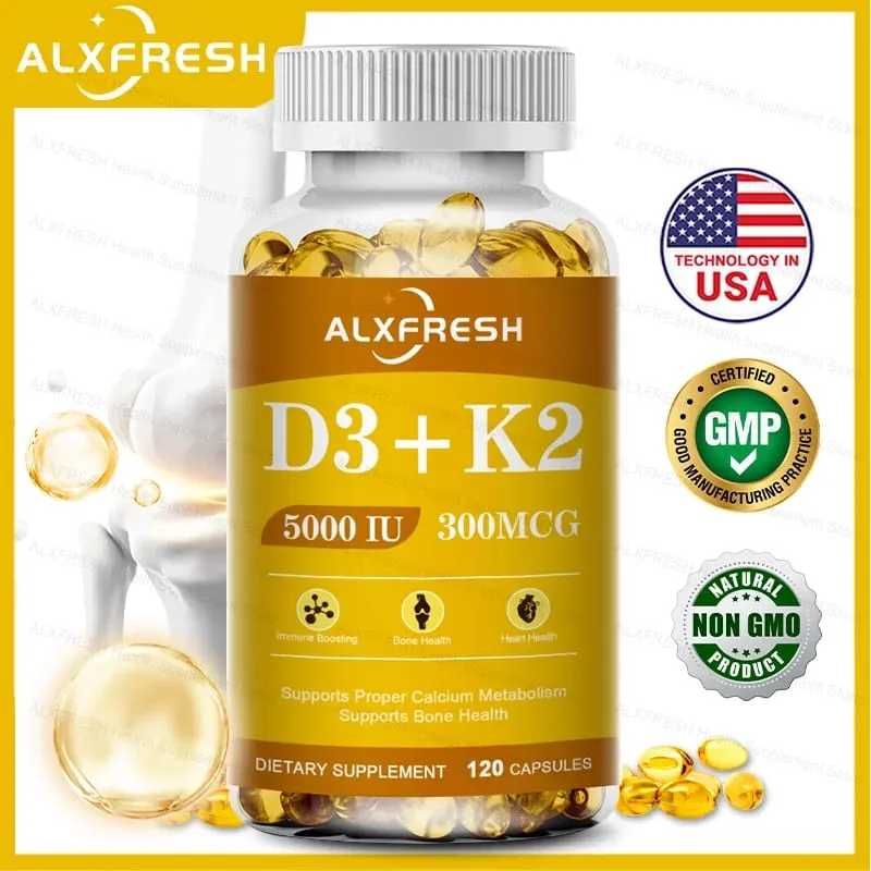 D3K2 Vitamin Capsules 5000 IU 300 mcg for Calcium Absorption Bone Teeth Immune & Heart Health Non-GMO