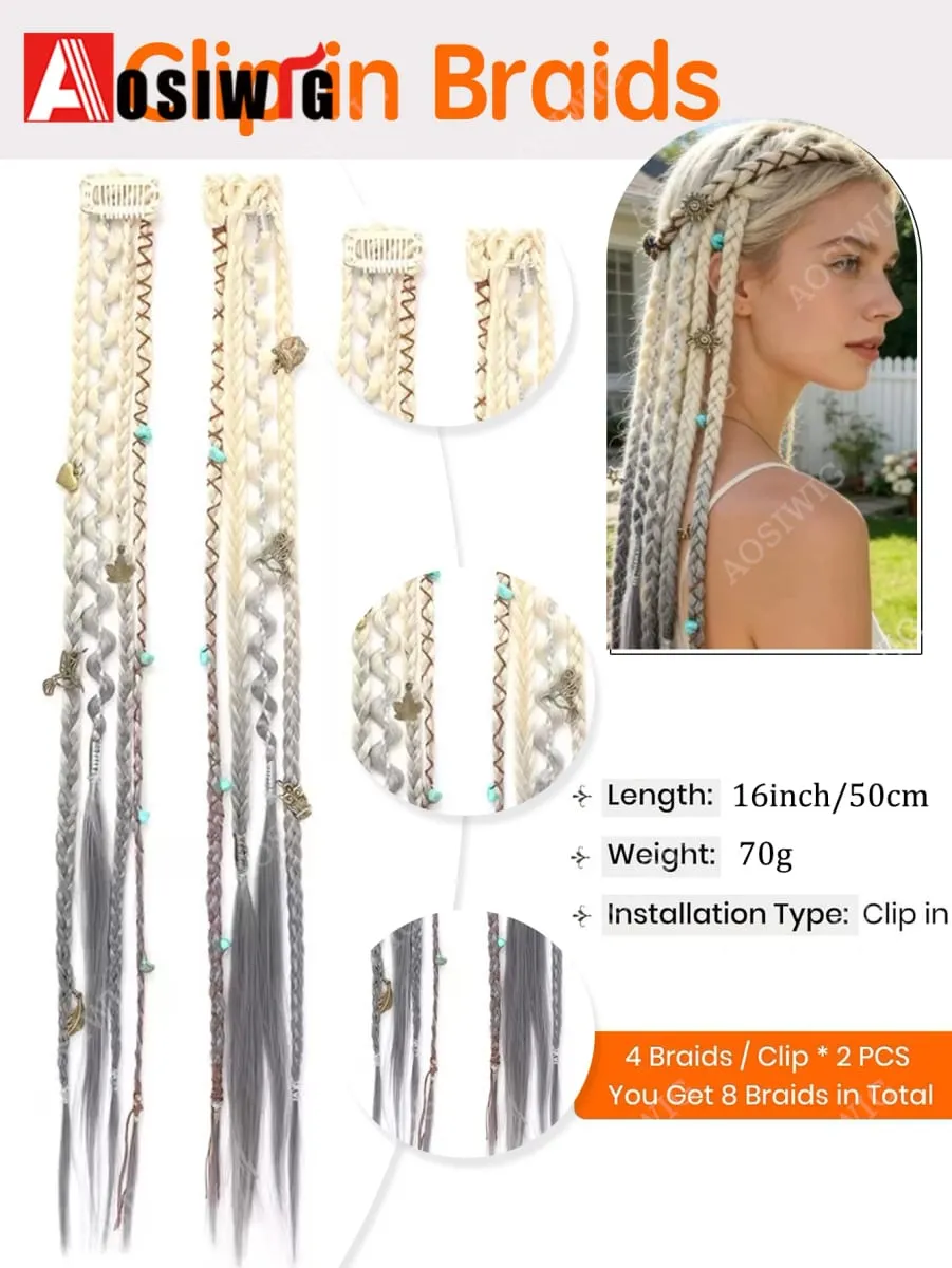 2pc Ombre Synthetic Bohemian Style Braids Hair Extensions Clip in Hairpiece Heat Resistant For Hairpieces Women Hair Accessories