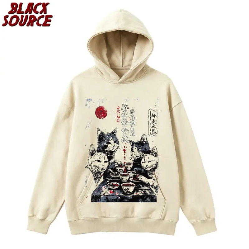P0822 Cat Cartoon Graphic Men's Hoodie, Japanese Style Oversized Pullover Sweatshirt, Casual Baggy Fit Streetwear