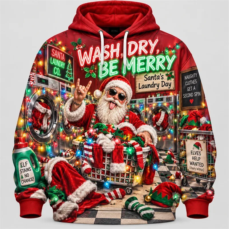 Funny Santa Christmas Hoodie 3D Print Karaoke Sleigh Repair Laundry Snack Holiday Party Pullover Winter Streetwear Gift