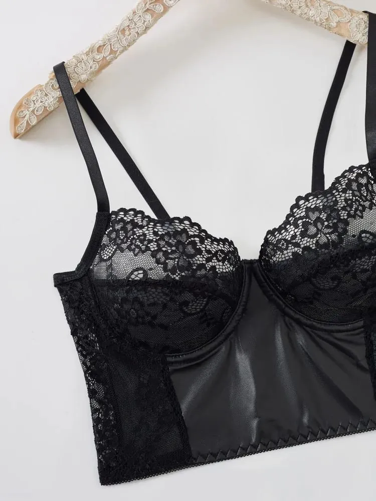 2Pcs Black Lace Bra Set French Style Women Bra Panties Breathable Mesh Underwear Elegant Ladies Ultra Thin Underwear Panties Set