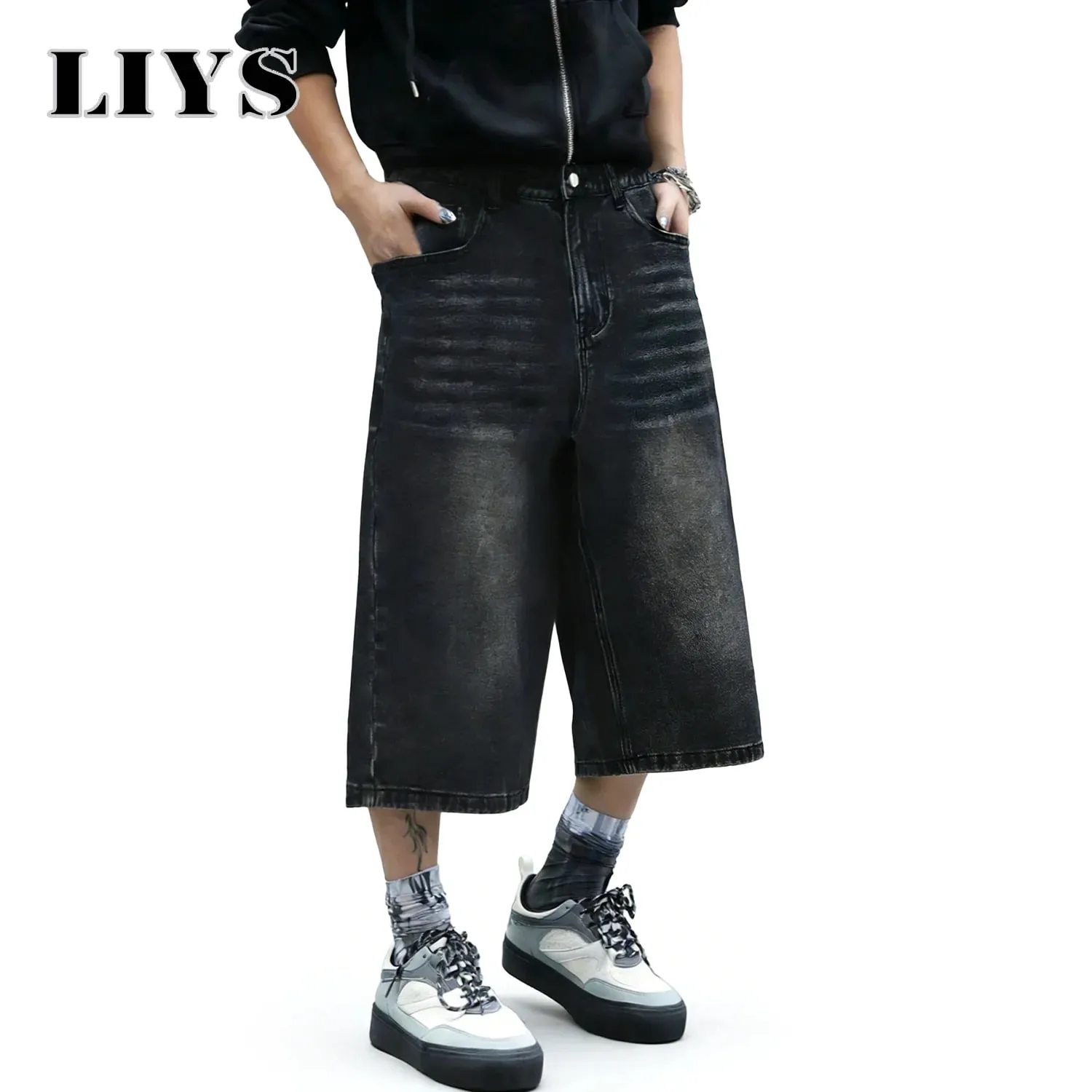 American Retro Classic Black Ultra Baggy Wide Leg Men's Denim Shorts Spring Summer Casual Oversized Jeans Men's Clothes