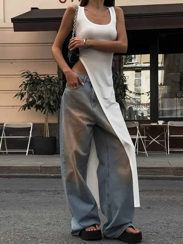 Sexet ærmeløs side, høj split midi-kjole, rygløs kvinders sommerfestklub Streetwear Y2K-stil ensfarvet