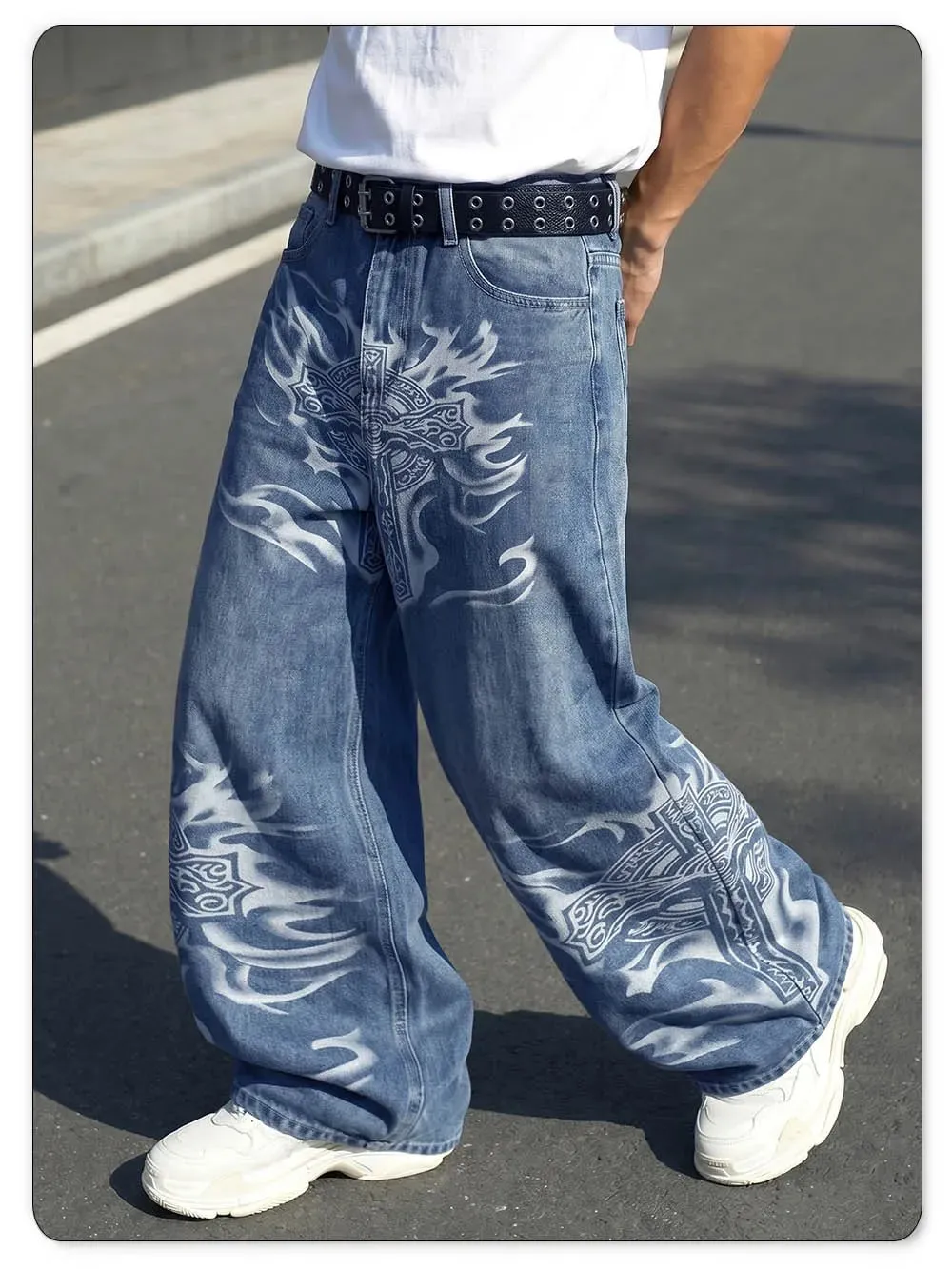 Men's Y2K Gothic Graffiti Print Baggy Ultra Wide Leg Jeans Hip Hop Streetwear Loose Casual Skater Denim Pants Unisex