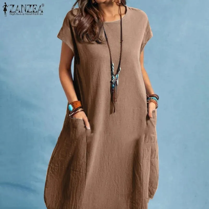Summer Casual Cotton Dress for Woman O-Neck Short Cap Sleeve Loose Cotton Knee-Length Dress Vacation Day Wear Robes Femme