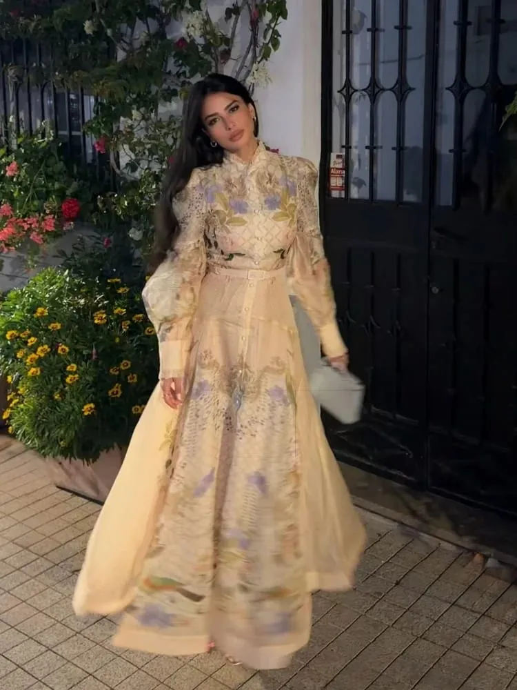 Floral Print Women Dress Button Down Mock Neck Maxi Dresses Long Lantern Sleeve A-Line Waist Belt Flared Hem Elegant Streetwear