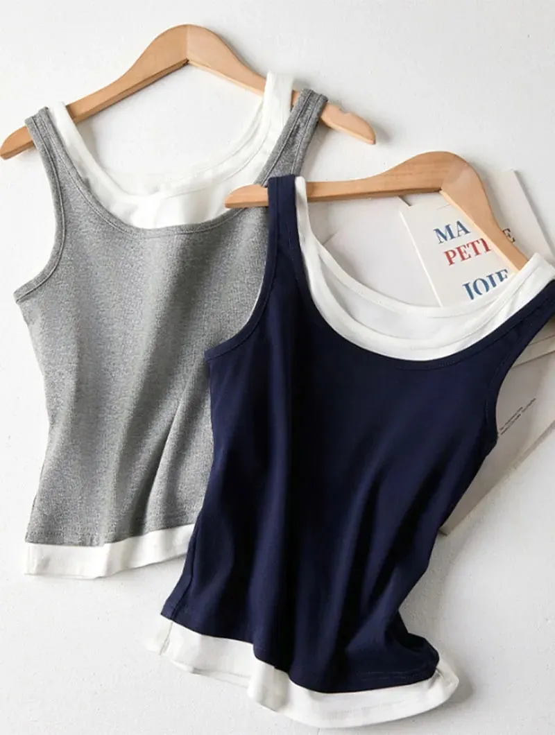 Y2K Fake Two Pieces Tank Tops for Women Fashion Contrast Color Round Collar Sleeveless Vest 2026 Summer New Slim Short Camis