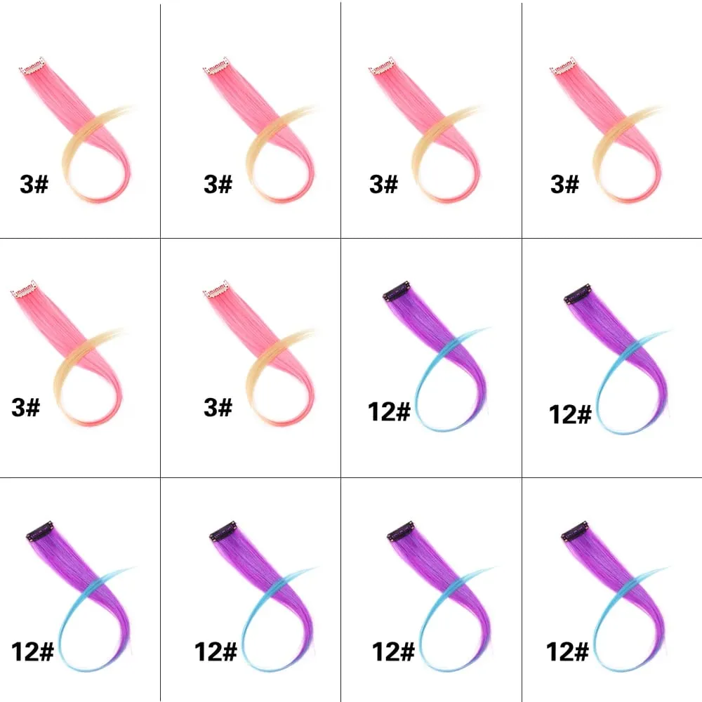 12 stk clips i farvet hårforlængelse til børn kvinder 20 tommer regnbue langt lige syntetisk hårstykke Varmebestandigt hår