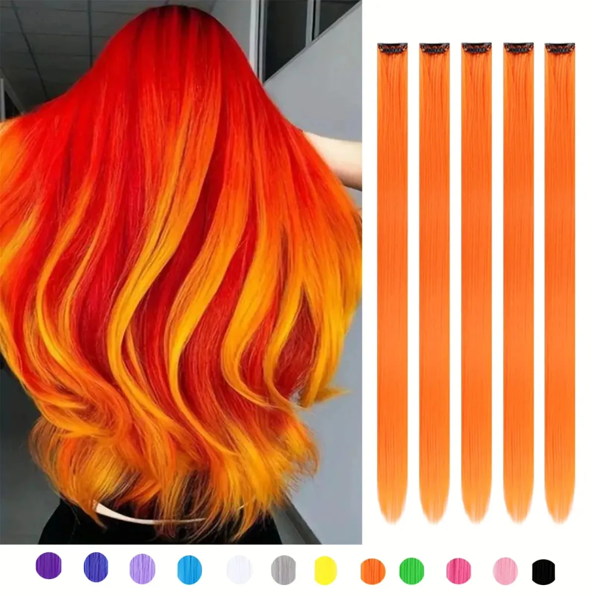 5Packs Colored Hair Extensions 22Inch Straight Color Clip in on Hair Extension Rainbow Party Highlights Synthetic Hair
