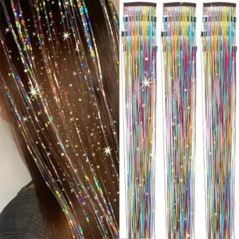 12Pcs Clip in Hair Tinsel Kit Red Hair Tinsel 22Inch Tinsel Hair Extensions Christmas Hair Tinsel Party Festival Accessories