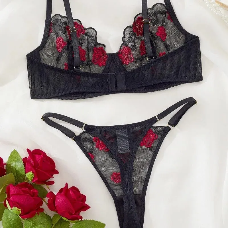 Ladies Vest Style Embroidered Lingerie Set Comfort Breathable Support Bra Underwear 2‑Piece Set For Daily Wear