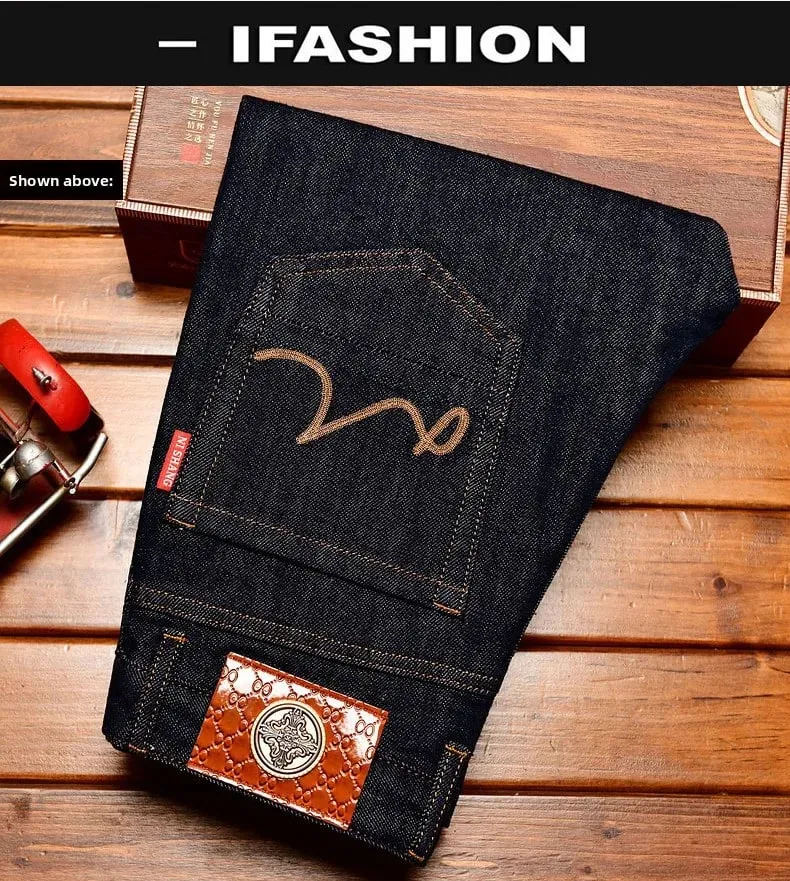 Deep blue jeans men's 2025 autumn fashion stretch slim fit fit Japanese style street trend embroidered small leg pants