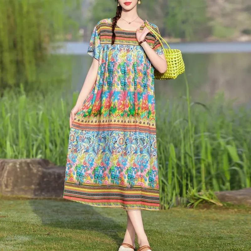 Yeni Moda Rahat 2026 Yaz Elbiseler Kadınlar Için Vintage Kısa Kollu O-Boyun Baskı Gevşek Çiçek Elbise Kadın Giysileri