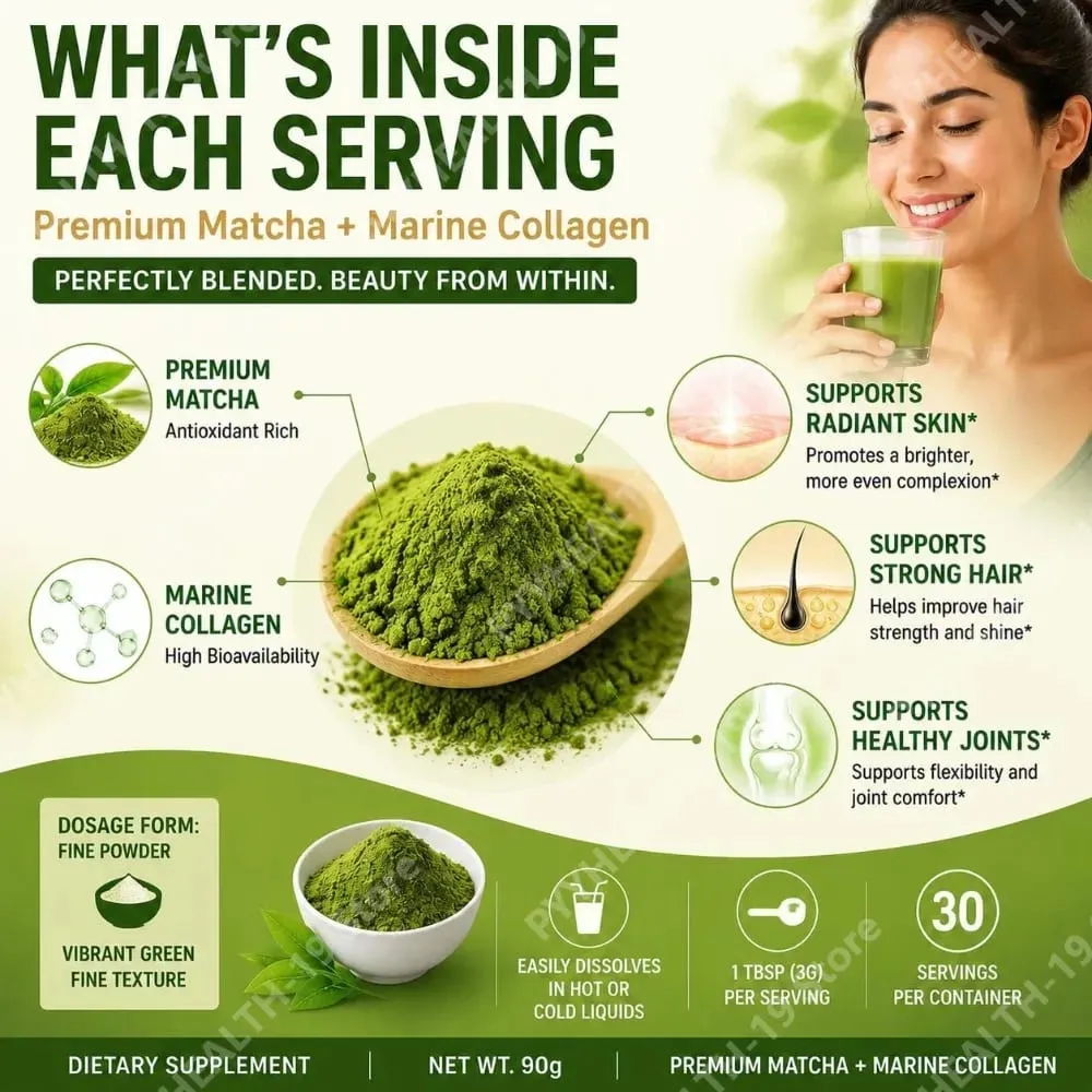 Matcha Collagen Powder Premium Matcha Marine Collagen L-Glutathione For Skin Hair & Joint Wellness Support Formula Adult 90g