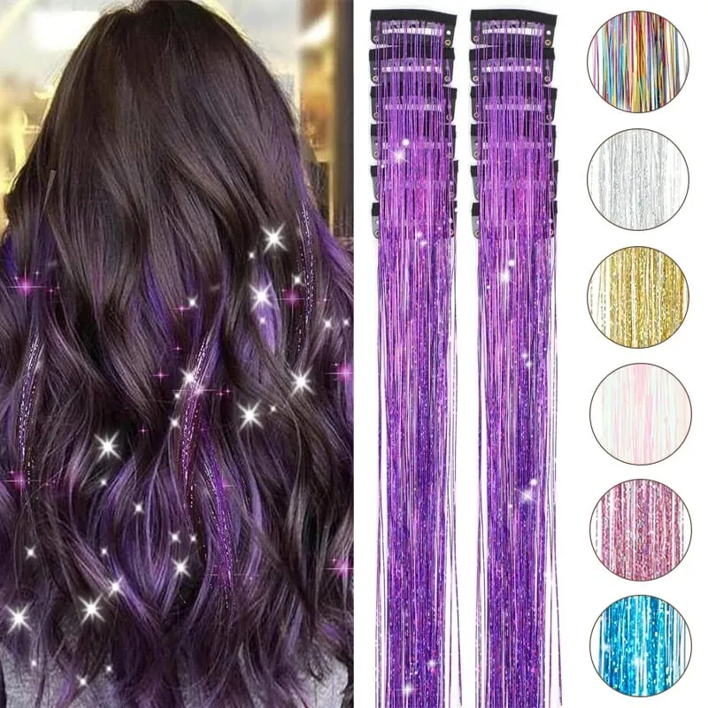 12PCS Synthetic Clip in Tinsel Hair Wig 20inch Hair Tinsel Kit Extensions Shiny Sparkle Hair with Clips for Christma&Party Use