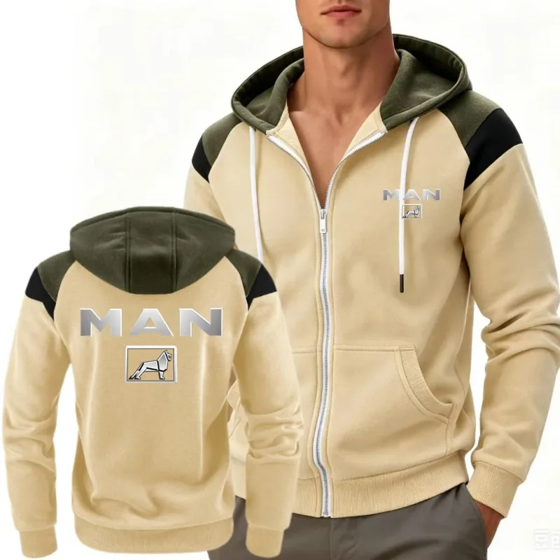 Men's Windproof Fleece Hooded Jacket Block Contrast Sportswear Comfortable Fashionable Truck Man Hoodies Sweatshirts