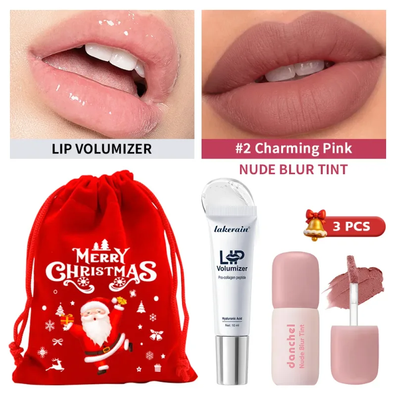 3 Pcs Christmas Lip Set Lip Volumizer Serum & Nude Blur Lip Tint Moisturizing Plumping Long Lasting Matte Lip Makeup Holiday Kit