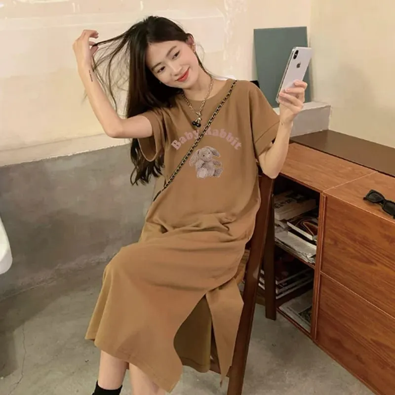 Kawaii Cartoon Rabbit Printed Long Tee Dress Women Loose Short Sleeve Nightdress Soft Breathable Daily Home Wear Pajama Dress