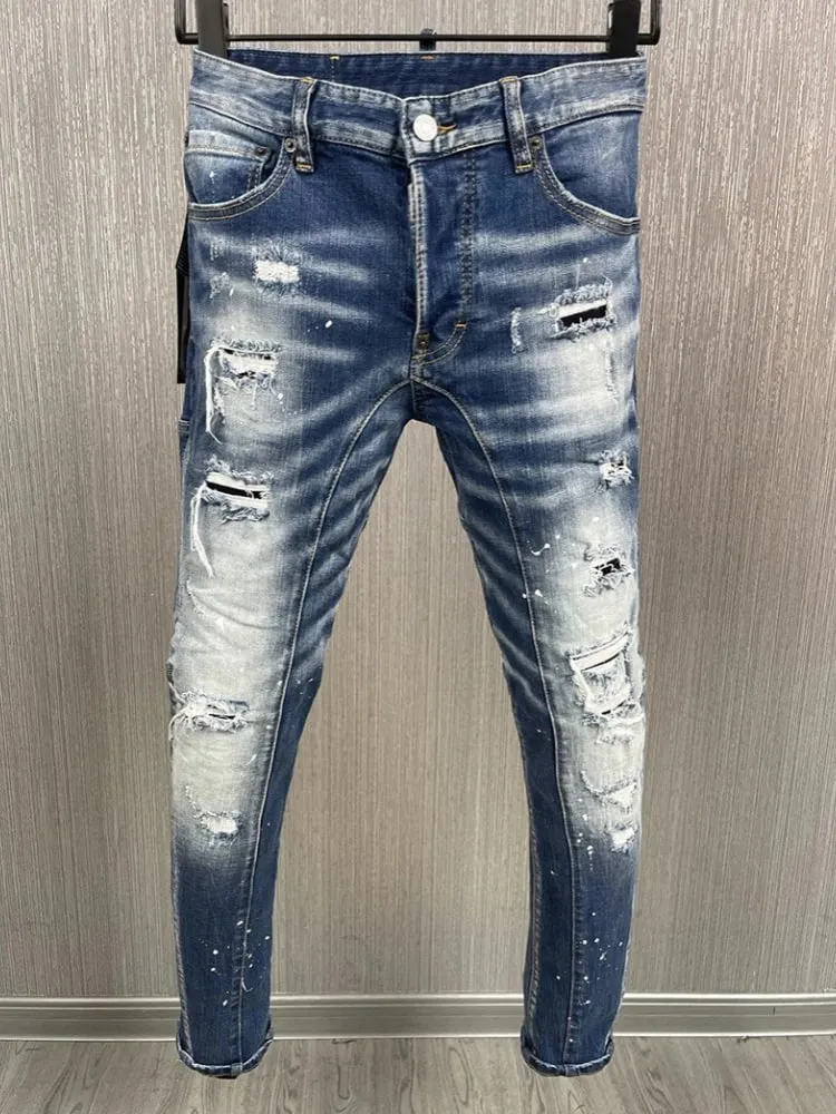 New Men's Ripped Jeans Distressed Elastic Slim Pencil Fit Denim Pants Paint Splatter Streetwear Y2K High Street Biker Trousers