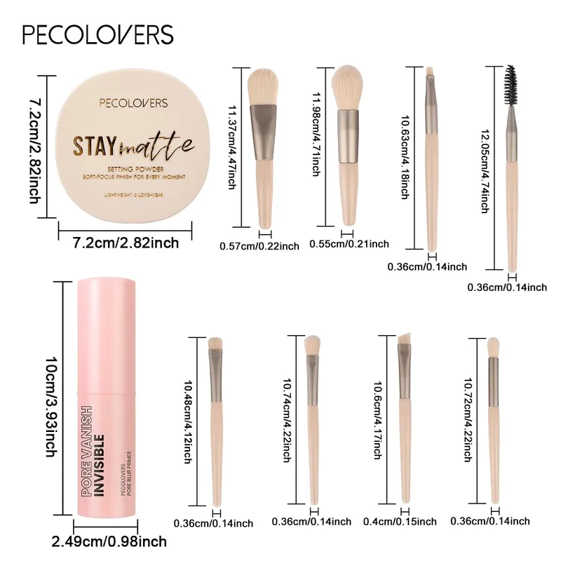 10pcs Kit Solek Asas Semua-Dalam-Satu Liang Meminimumkan Liang Primer Stick Bedak Tetapan Matte Dan Set Berus Mekap Profesional 8pcs