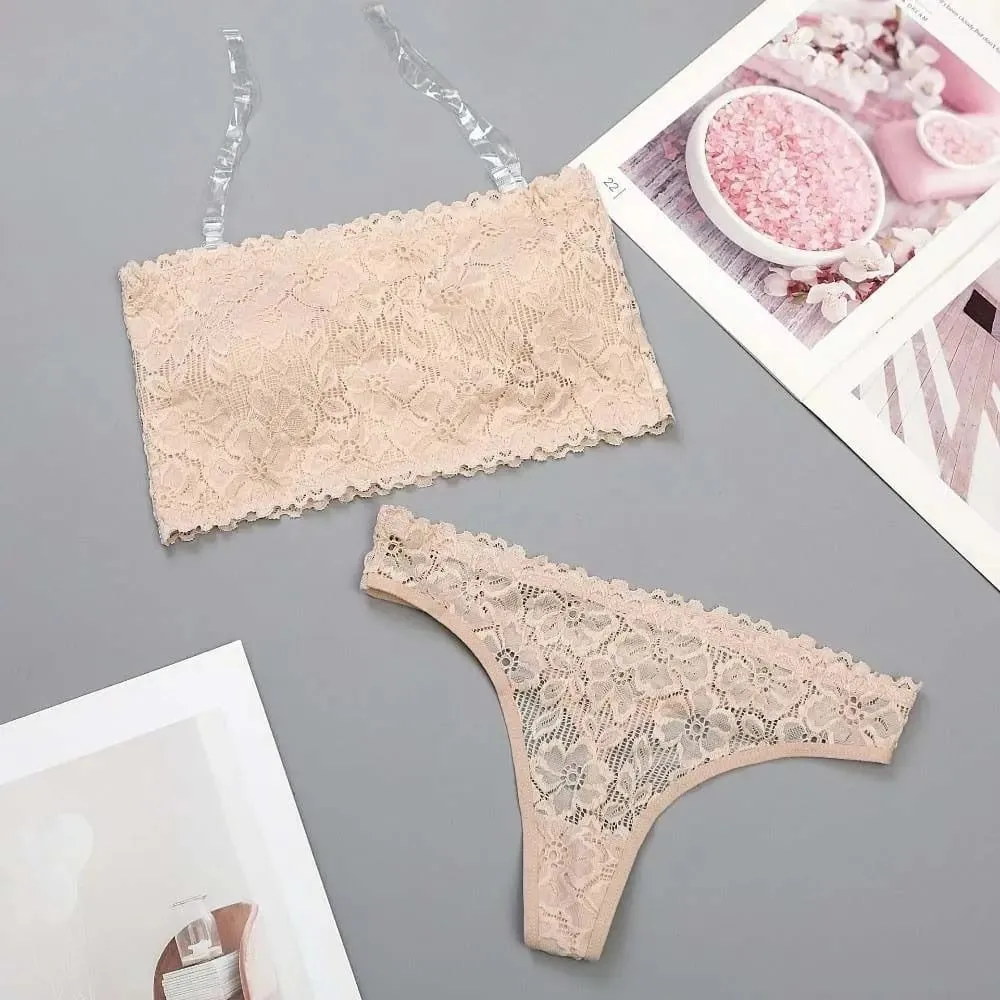 Lace Sheer Flower Thong Bra Set Invisible Straps Embroidery Floral Panties Bra Kit Transparent Lingerie Underwear for Women