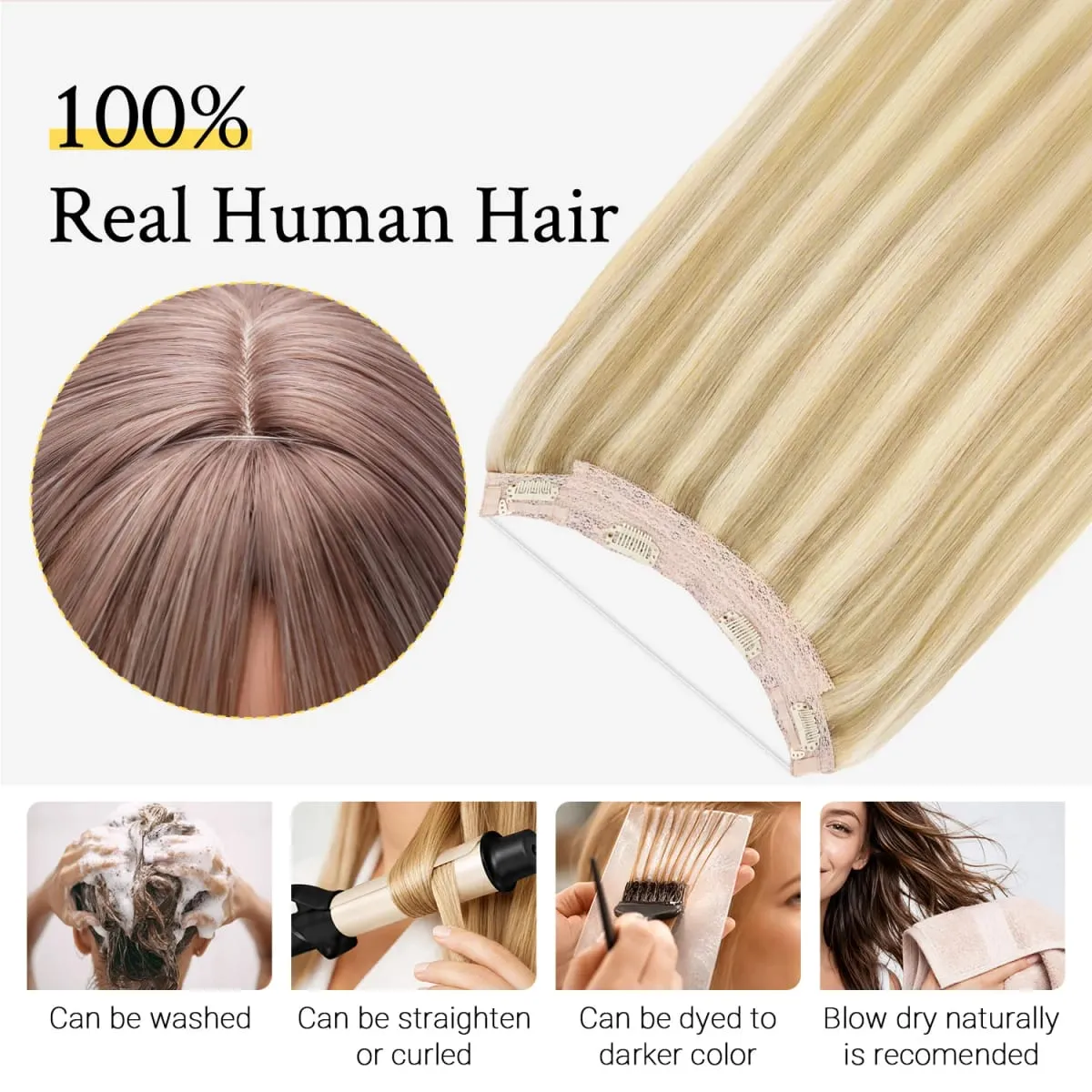Sunmofavo Invisible Wire Halo Hair Extensions 100% Remy Human Hair Fish Line with 4 Anti-slip Secure Clips Golden Blonde Highlights Seamless Hairpiece for Women Daily Party Occasion Wear Instant Volume