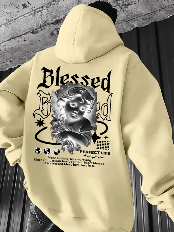 Men's Aesthetic Angel Hoodie Hip Hop Sports Streetwear Blessed Vintage Cherub Print Casual Loose Pullover Sweatshirt Tops