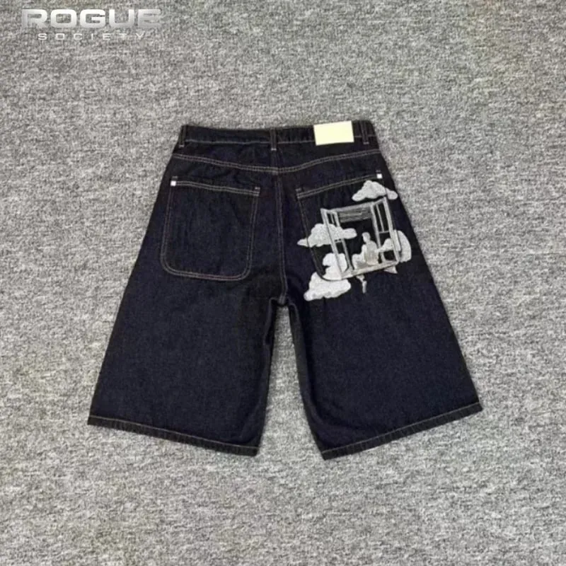 Summer Urban Hip Hop Denim Jorts Vintage Streetwear Y2k Embroidery Graphic Washed Baggy Denim Shorts Men Wide Leg Harajuku Jeans