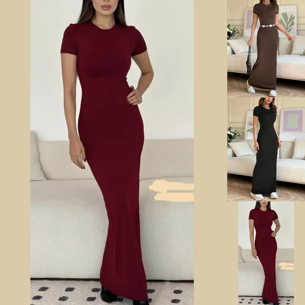 Women's Elastic Slim Fit Long T-shirt Dress Featuring Round Neck and Short Sleeves Suitable for Everyday and Special Occasions