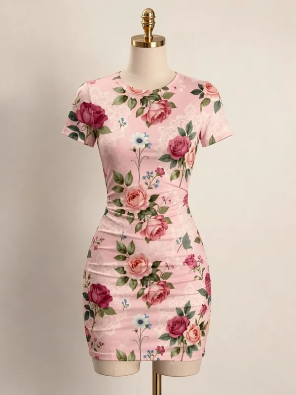 Womens Short Sleeve Bodycon Mini Dress Slim Fit Crew Neck Floral Print Casual Summer Party Cute Modern Holiday Vacation Sundress