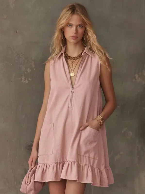 Women Sleeveless Zip V Neck Mini Dress Collared Ruffle Hem A Line Loose Dress with Pockets Summer Casual Dresses
