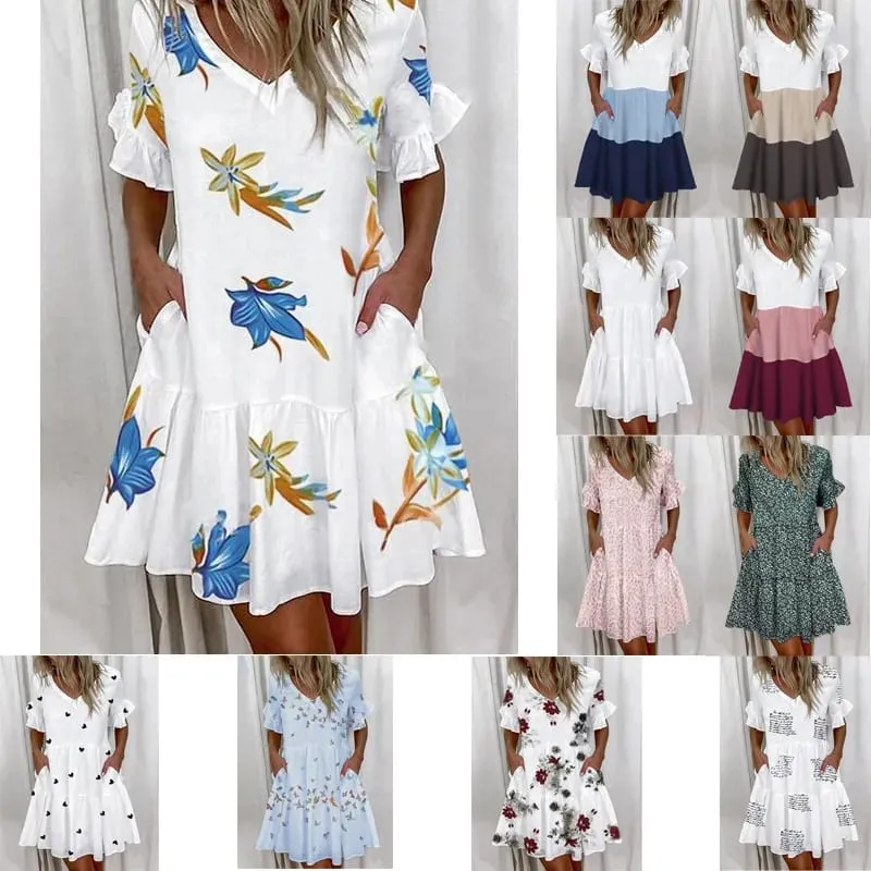 Frauen Sommer Kleid Casual V-ausschnitt Kurzarm Schmetterling Sleeve Floral Blatt Brief Drucken Mini Kleider Vestidos YSX9032