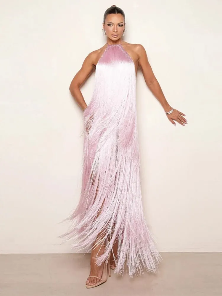 Party Women's Dress Halter Sleeveless Backless Tassel Solid Female Long Holiday Dresses 2026 Summer Fashion Elegant Lady Robe