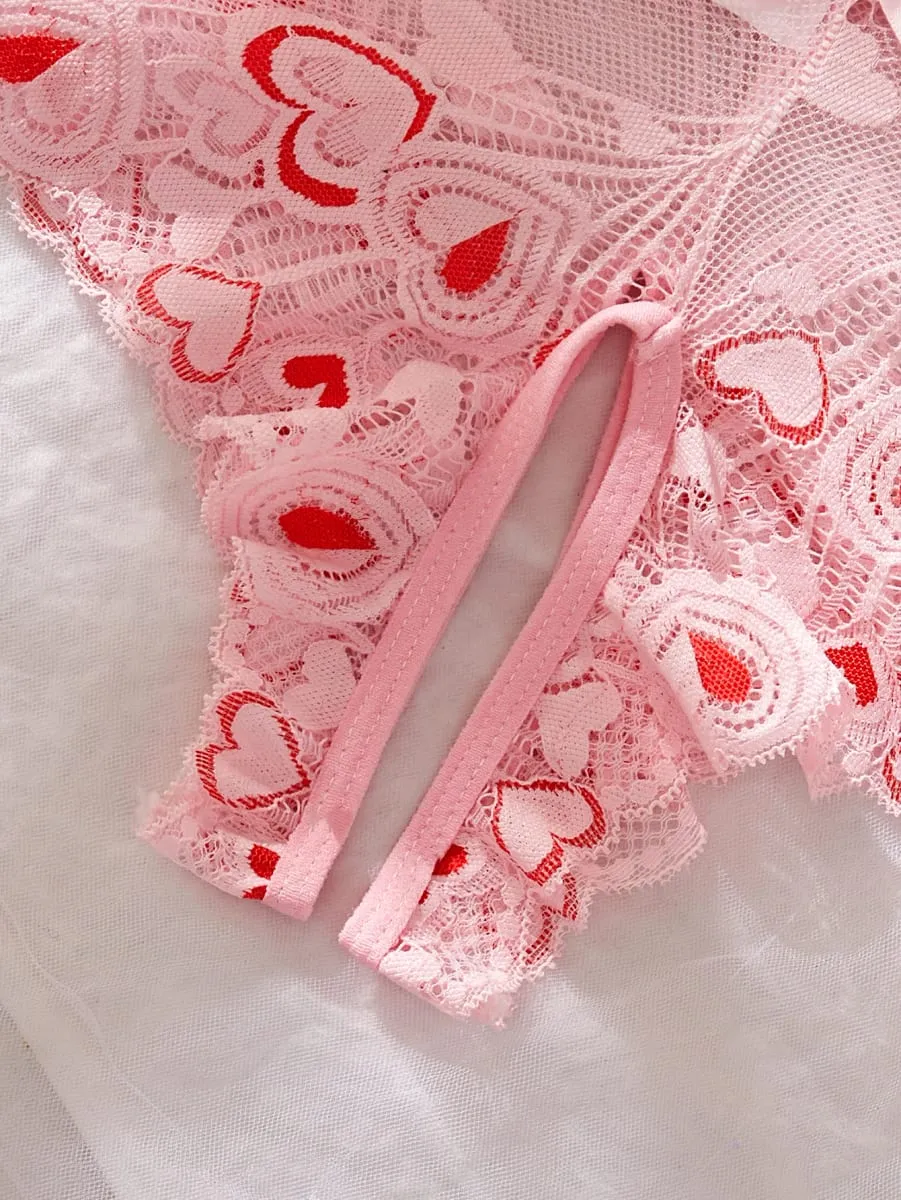 Sexy Strap Lingerie Set Women Bra And Panty Lace Heart Print Hollow Out Open Crotch Bras Panties Intimate Wear Clothing