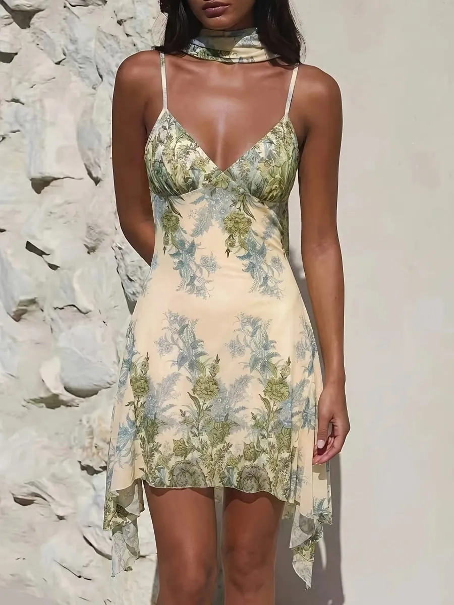 Dresses for Women New Summer Slim Asymmetrical Women Dress Print Spaghetti Strap Dress Women Vestidos De Verano Mujer
