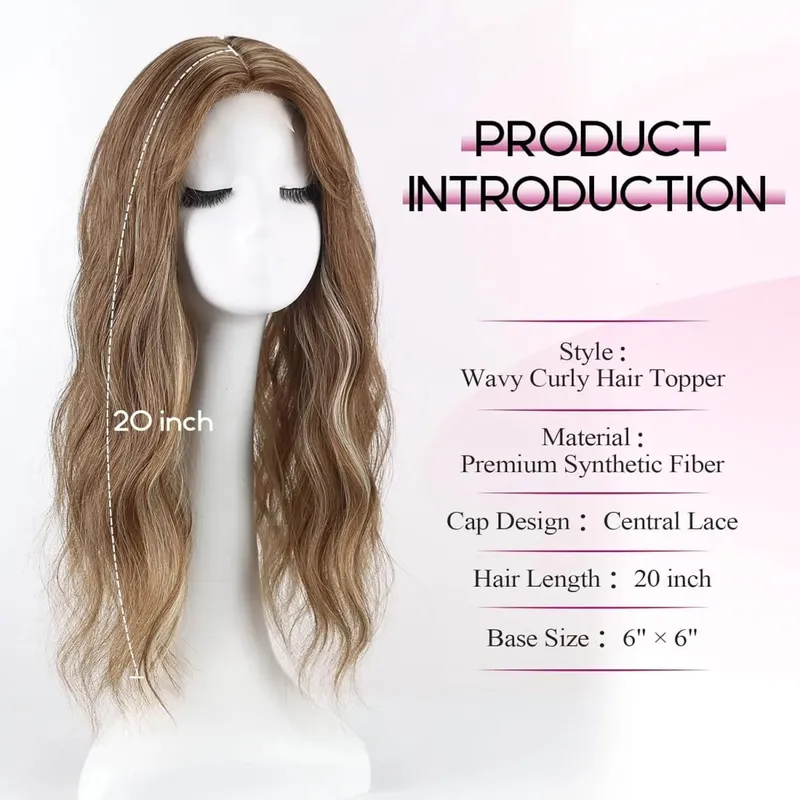 20in Wavy Hair Toppers Long Brown Mixed Blonde Premium Synthetic Hairpieces with 6*6 Large Base Lace Clip In Hair for Women