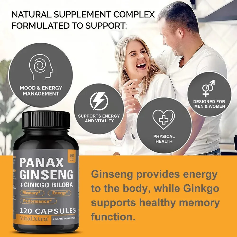 Panax Ginseng + Ginkgo Biloba 120 Vegan Capsules Supports Heart Health and Muscle Function Athletic Performance