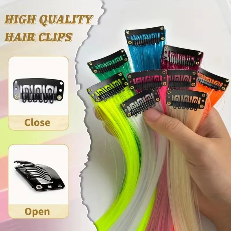 22Inch Synthetic 8pcs Long Straight Clip-In Hair Extension Highlights Multi-Color Rainbow Hairpiece for Women Daily Praty Use